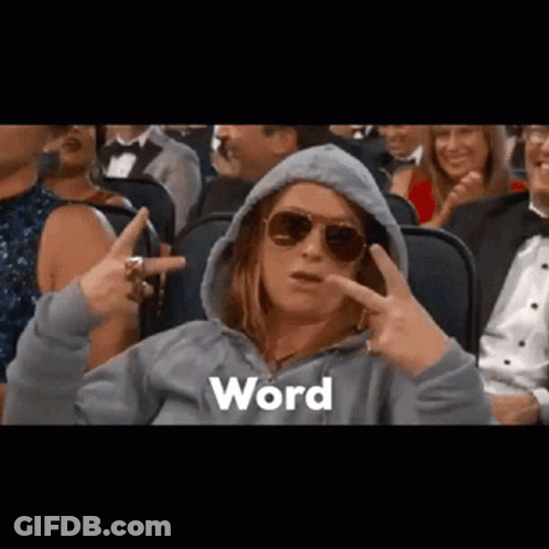 Woman In Hoodie And Sunglasses Pointing At Word GIF