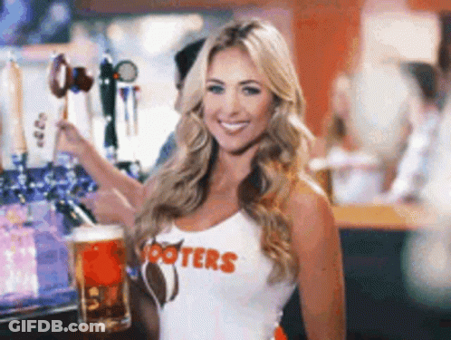 Woman In Hooters Shirt Holding Beer GIF
