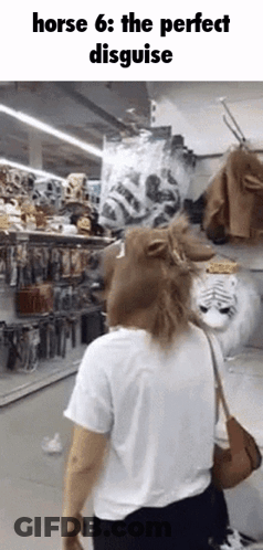 Woman In Horse Mask Walking In Store GIF