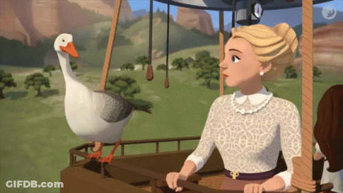 Woman In Hot Air Balloon Looking At Goose GIF