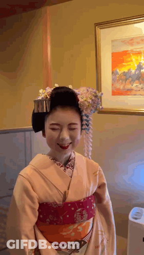 Woman In Kimono Smiling In Front Of Horse Picture GIF
