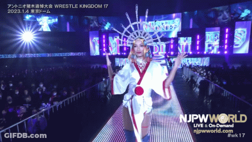 Woman In Kimono Walking Down Stage With NJPWWorld GIF