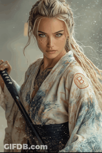 Woman In Kimono With Bitcoin Logo On Sleeve GIF