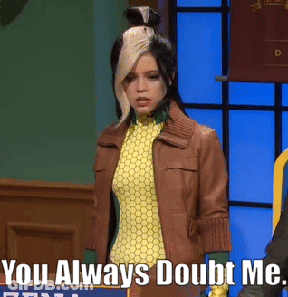 Woman In Leather Jacket Next To Doubt Sign GIF