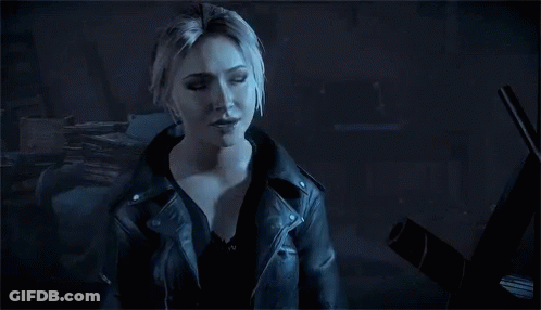 Woman In Leather Jacket Smiling In Dark Room Video Game GIF