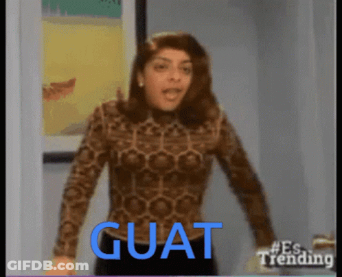 Woman In Leopard Print Shirt Standing In Front Of Guat Sign GIF