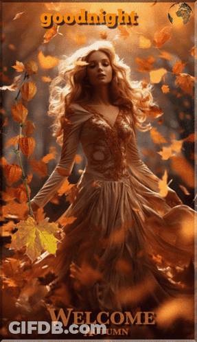 Woman In Long Dress Surrounded By Autumn Leaves Saying Goodnight GIF