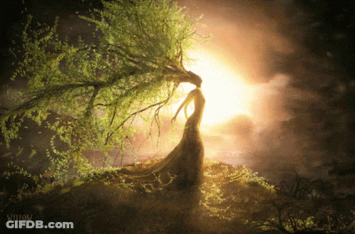 Woman In Long Dress Under Willow Tree GIF