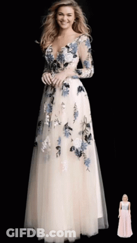 Woman In Long White Dress With Blue And Black Flowers GIF