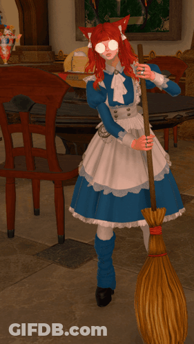 Woman In Maid Costume Holding Broom GIF