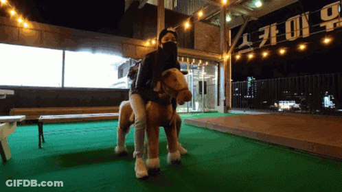Woman In Mask Riding Stuffed Horse In Front Of No Sign GIF