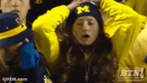 Woman In Michigan Hat Holding Her Head GIF