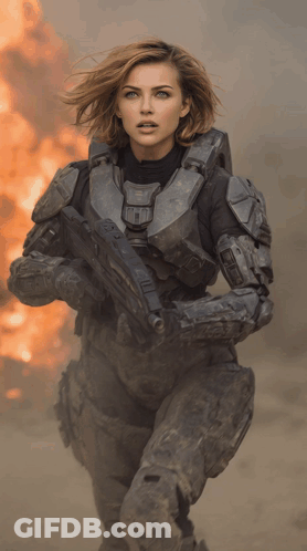Woman In Military Uniform Holding Gun In Front Of Fire GIF