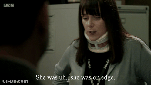 Woman In Neck Brace And BBC Lanyard Talking To Man GIF