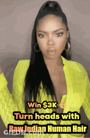 Woman In Neon Yellow Sweater Advertising Raw Indian Human Hair GIF