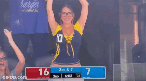 Woman In Number 10 Jersey Cheering In Front Of Scoreboard GIF