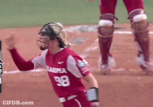 Woman In Number 98 Oklahoma Softball Jersey Celebrates GIF