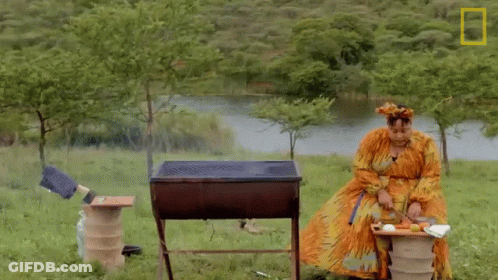 Woman In Orange Dress Sits By Grill In Field GIF