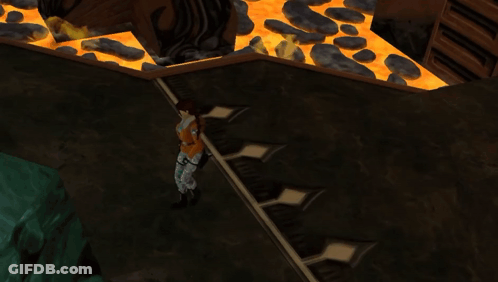 Woman In Orange Jacket Walking On Staircase In Video Game GIF