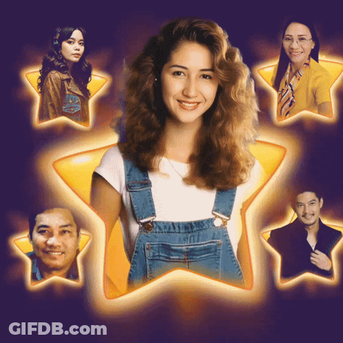 Woman In Overalls Surrounded By Stars And People GIF