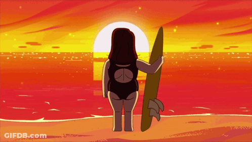 Woman In Peace Sign Swimsuit Holding Surfboard On Beach GIF