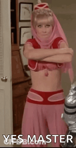 Woman In Pink And Red Costume Crossed Arms Saying Yes Master GIF
