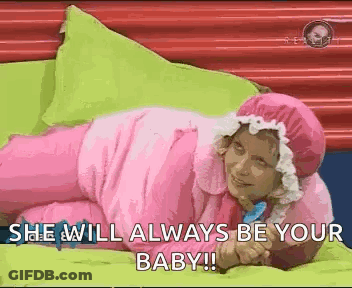 Woman In Pink Baby Costume Saying Always Be Your Baby GIF
