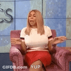 Woman In Pink Chair Hands Outstretched Yup GIF