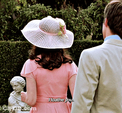 Woman In Pink Dress And Hat Says I Loath You GIF