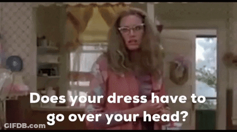 Woman In Pink Dress Asking Does Your Dress Have To Go Over Your Head GIF