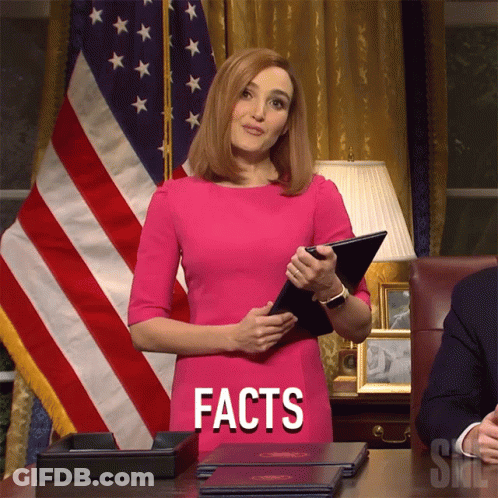 Woman In Pink Dress Holding Clipboard With Facts GIF