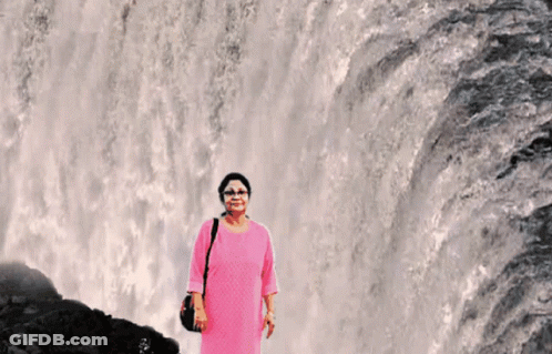Woman In Pink Dress In Front Of Waterfall GIF