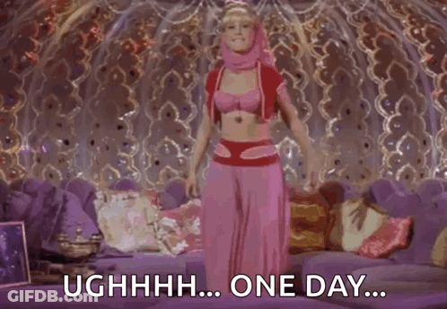 Woman In Pink Dress Laying On Purple Couch Saying One Day GIF