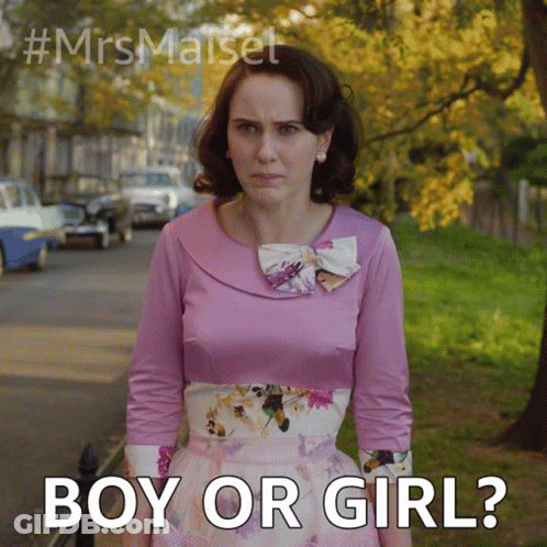 Woman In Pink Dress On Sidewalk Text Boy Or Girl GIF