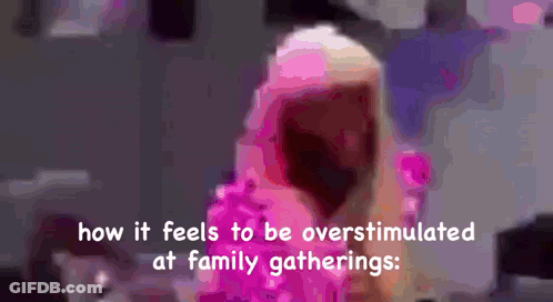 Woman In Pink Dress Overwhelmed At Family Gatherings GIF