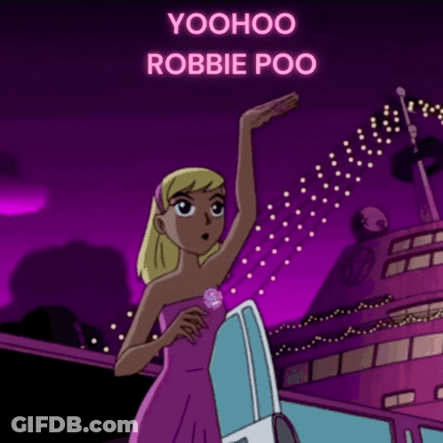 Woman In Pink Dress Saying Yoohoo Robbie Poo GIF