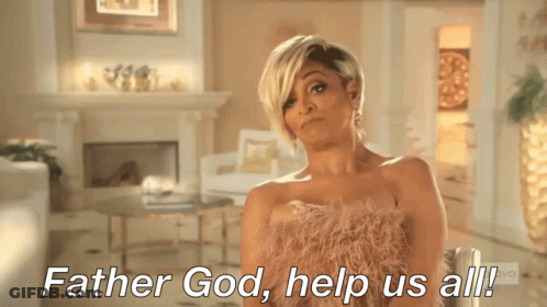 Woman In Pink Dress Says Father God Help Us All GIF