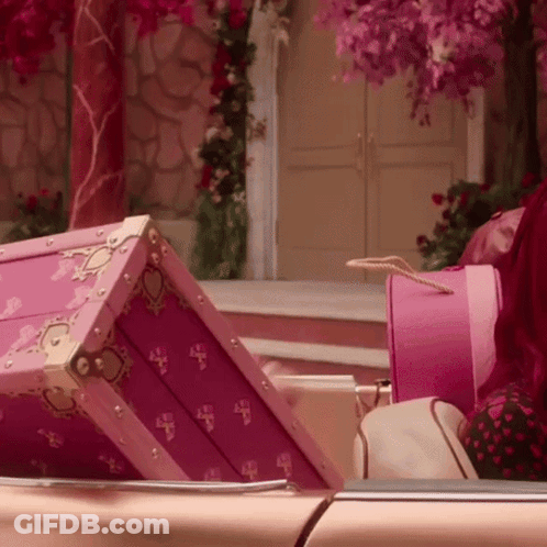 Woman In Pink Dress Sitting In Car Holding Trunk GIF