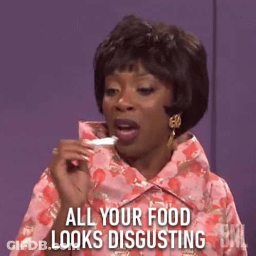 Woman In Pink Floral Jacket Says All Your Food Looks Disgusting GIF