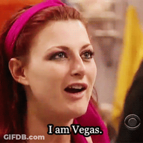 Woman In Pink Headband And Pink Scarf Saying I Am Vegas GIF