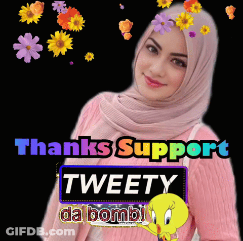 Woman In Pink Hijab Surrounded By Flowers And Tweety Logo GIF