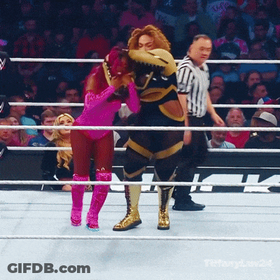 Woman In Pink Hugging Mascot In Ring GIF