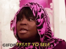 Woman In Pink Leopard Scarf Saying Treat Yo Self GIF