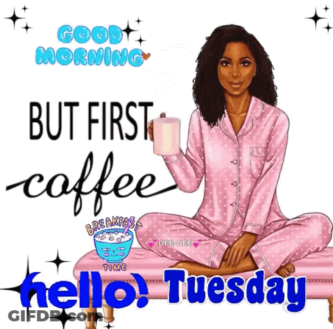 Woman In Pink Pajamas Sitting On Couch Holding Coffee Saying Good Morning But First Coffee GIF