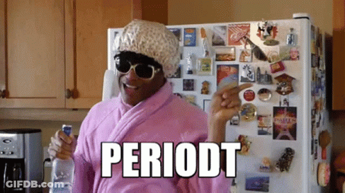 Woman In Pink Robe And Hat Pointing At Periodt GIF