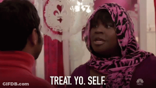 Woman In Pink Scarf Says Treat Yo Self GIF