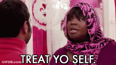 Woman In Pink Scarf Says Treat Yo Self In Pink Room GIF