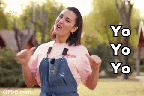 Woman In Pink Shirt And Blue Overalls Singing Yo Yo Yo Yo GIF