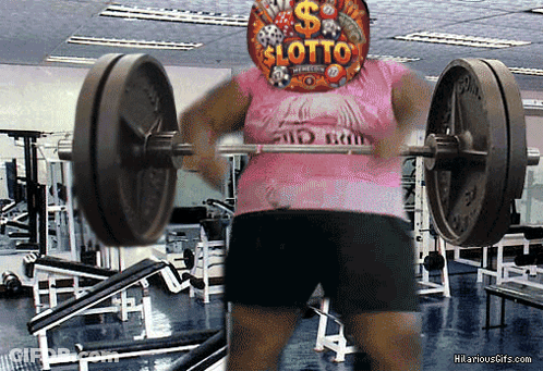 Woman In Pink Shirt Lifting Barbell With Lotto Sign On Head GIF