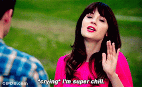 Woman In Pink Shirt Saying Crying I'm Super Chill To Man GIF